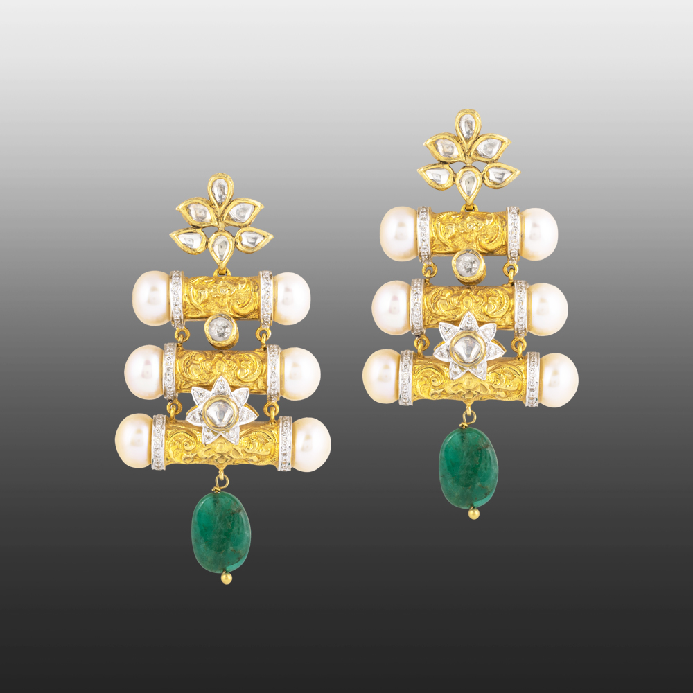 Floral Enamel Pendant Set with Pearls & Emerald Drops